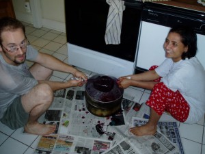 Gita and I making a batch of mulberry wine in our kitchen –Summer 2006